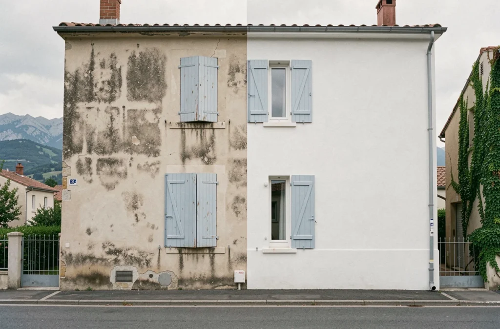 Façade d'un immeuble résidentiel en cours de ravalement montrant le contraste entre l'ancien et le nouveau enduit en Haute-Garonne