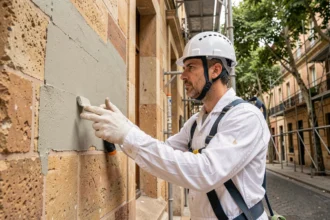 Ouvrier professionnel réalisant un ravalement de façade sur un immeuble en pierre de taille à Toulouse en Haute-Garonne